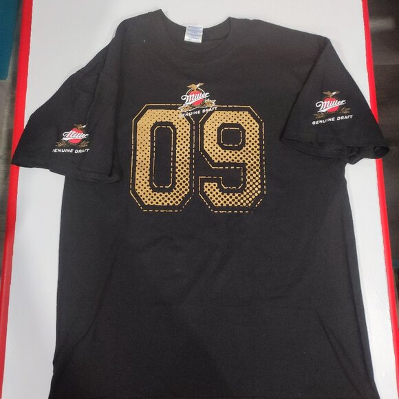 Miller 09 short sleeve T-shirt black gold graphic design men's size L - Picture 1 of 4
